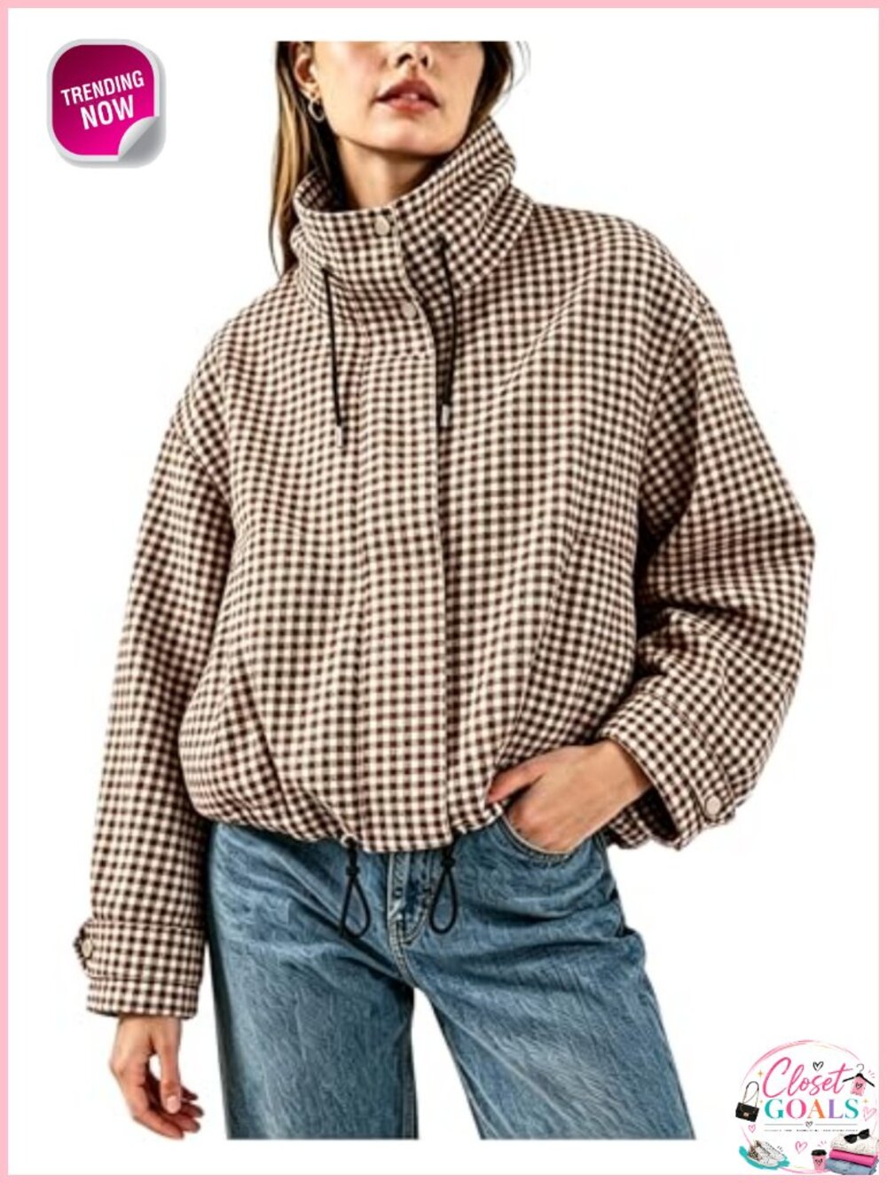 Gingham Bomber Jacket Women Zip Up Cropped Casual Lightweight Polyester